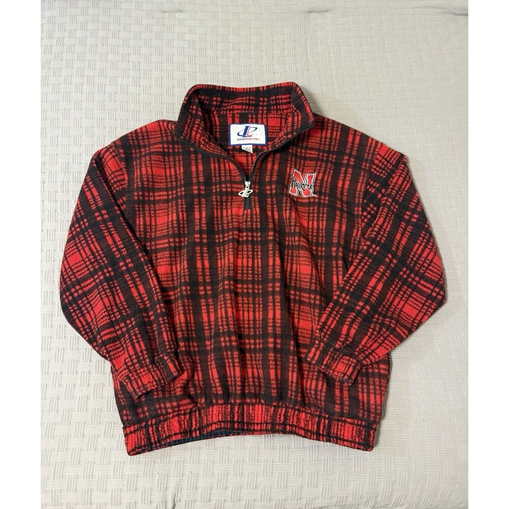 Vintage 90s Logo Athletic Nebraska Cornhuskers Plaid Fleece Quarter Zip XL